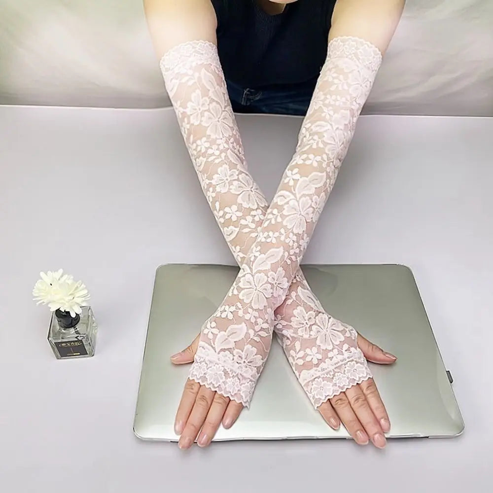 New Long Lace Hollow-Out Fingerless Gloves Sun Protection Sleeves Mesh Lace Thin Cycling Gloves 8