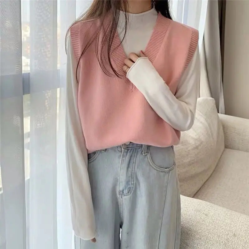 Sweater Vest Women Solid Autumn Winter All-match Leisure Outerwear Knitted V-Neck Sleeveless Female Elegant Chic Simple Harajuku 9