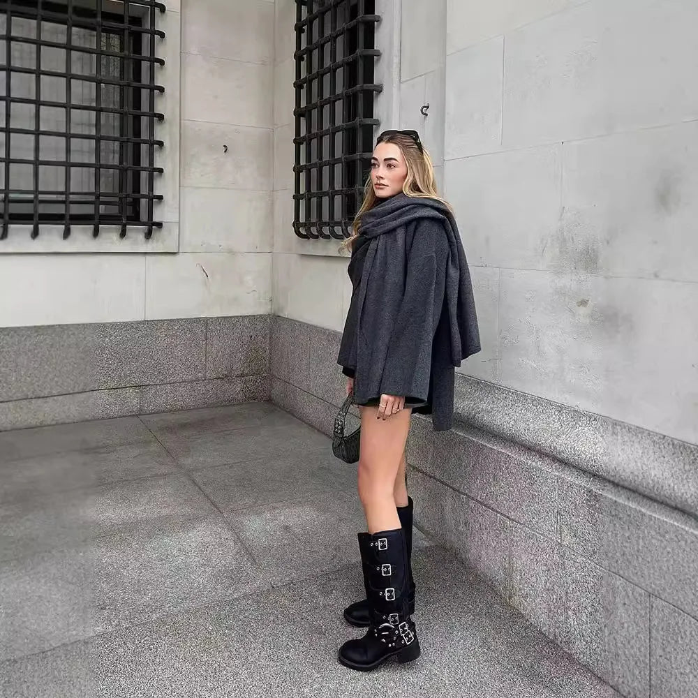 Women Fashion Scarf Decorated Woolen Jacket Casual Solid Long Sleeve Loose Warm Overcoat 2025 Autumn Winter New Lady Chic Coat 2