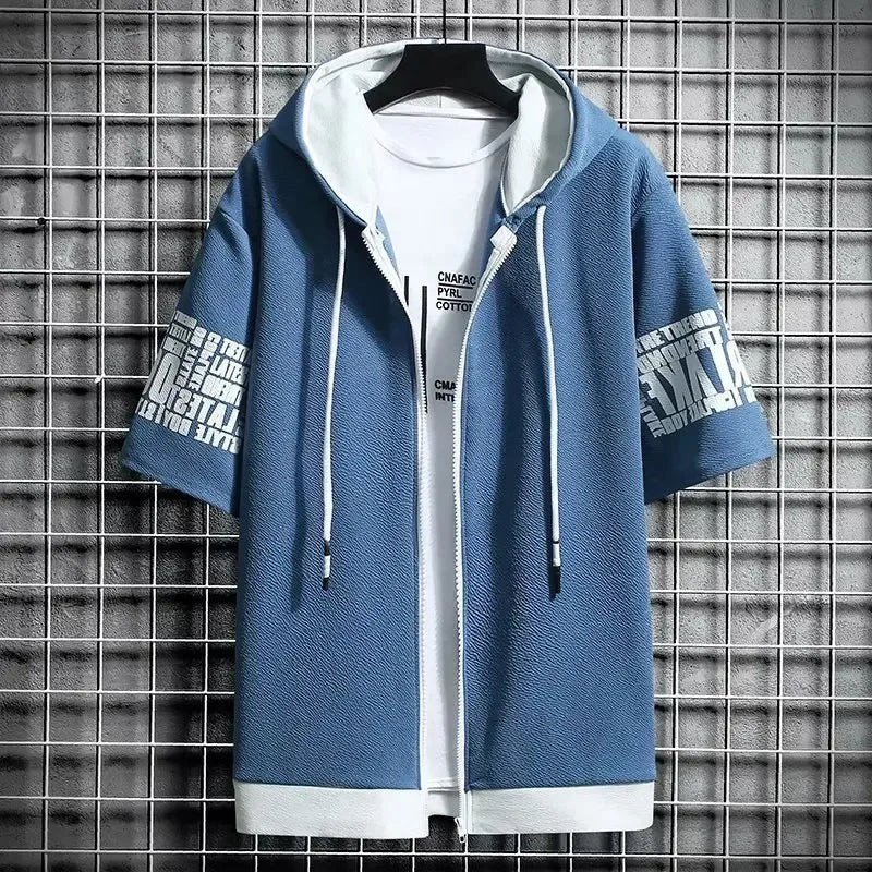 Fashion Men's Hoodies Summer Men Clothing T-shirt Zipper Hood Cartoon Casual T Shirt Print Hooded Top Short Sleeve Men 5