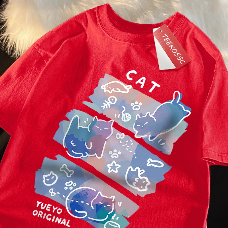 Fun Mischievous Cat Print Japanese Style T-Shirts Men 3