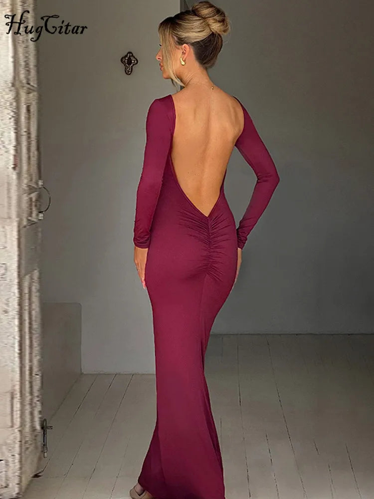 Elegant Long Sleeve Backless Solid Cuched Sexy Bodycon Maxi Prom Dress 3