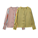 2025 Spring Summer Women's Striped Blouse O-Neck Long Sleeve Bubble Sleeve With Buttons Shirt Fashionable Chic Tops 2