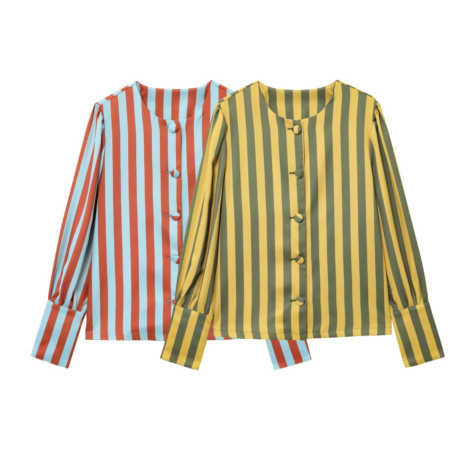 2025 Spring Summer Women's Striped Blouse O-Neck Long Sleeve Bubble Sleeve With Buttons Shirt Fashionable Chic Tops 2