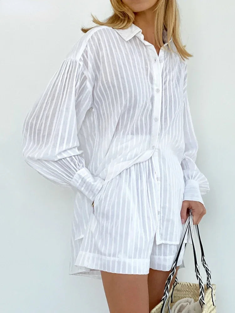 Wolfeel Casual Shorts Sets Striped Jacquard 2 Pieces Cozy Lapel Lantern Sleeve Shirt Summer Outfit Elastic Waist Shorts Suits 4