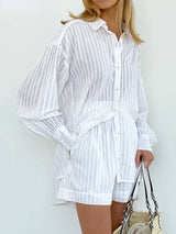 Wolfeel Casual Shorts Sets Striped Jacquard 2 Pieces Cozy Lapel Lantern Sleeve Shirt Summer Outfit Elastic Waist Shorts Suits 4
