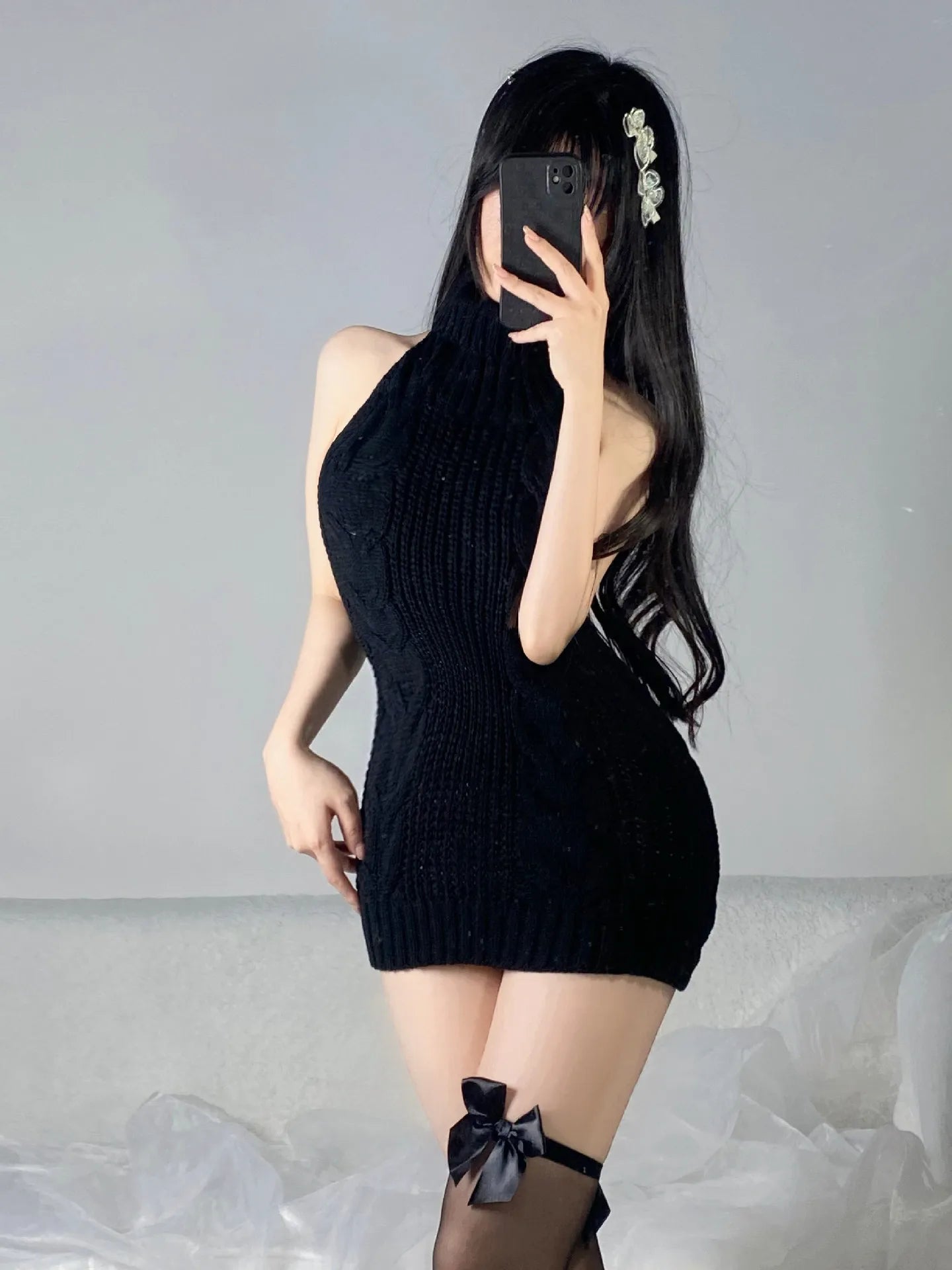 Lingerie Women's Sexy Hollow Out Mature Bvold Deep V High Neck Knitted Short Sweater Open Back Open Chest Temptation Dress T39G 3