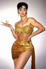 Gold Color Women Sexy 2 Pieces Strapless Bodycon Mini Dress Bar Singer Nightclub Party Celebrate Birthday Dress 6