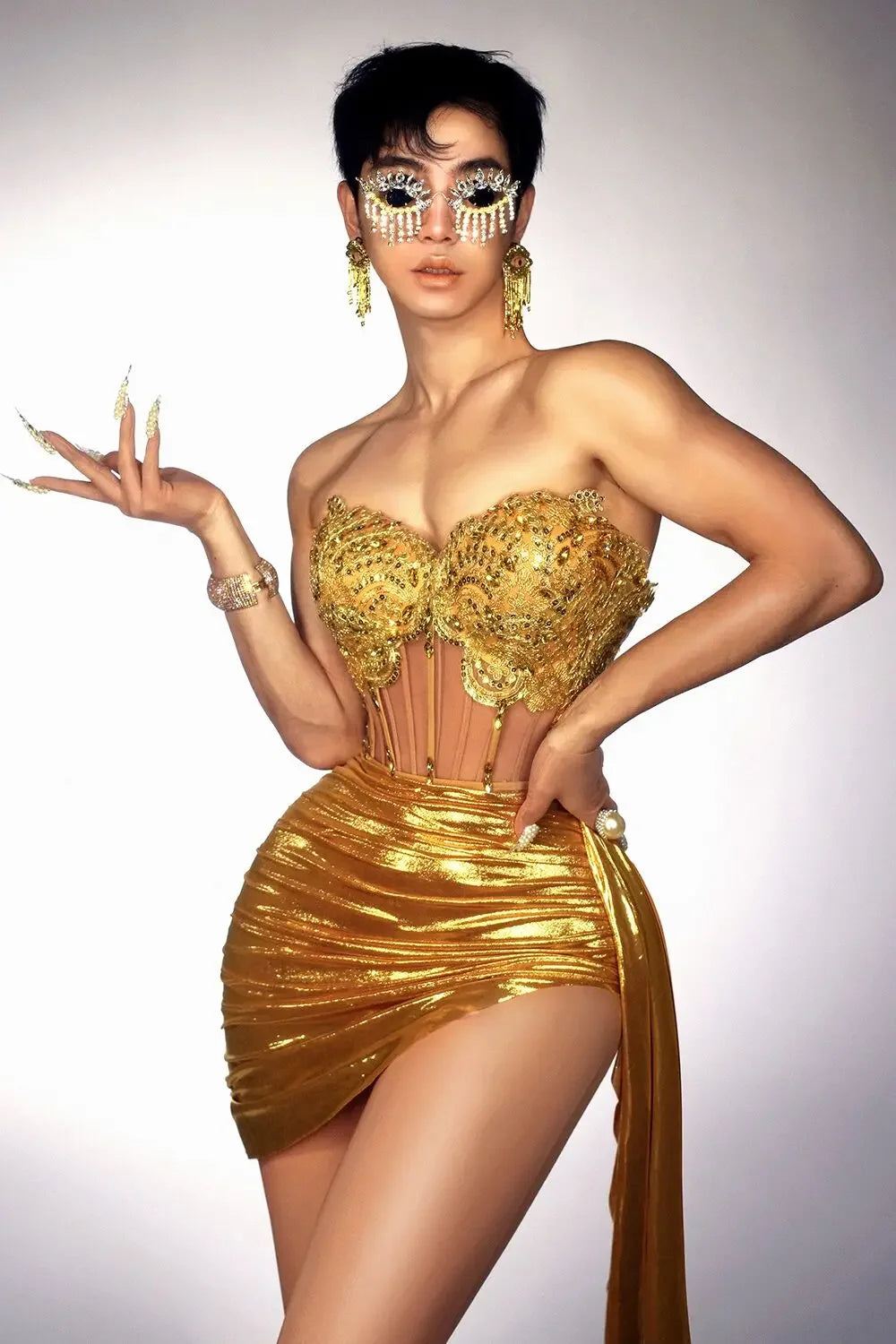 Gold Color Women Sexy 2 Pieces Strapless Bodycon Mini Dress Bar Singer Nightclub Party Celebrate Birthday Dress 6