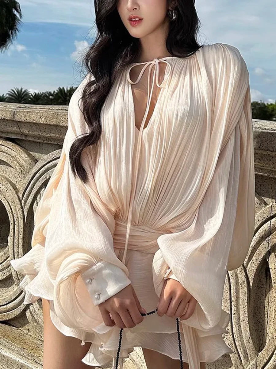 GALCAUR Solid Loose Splicd Lace Up Dresses For Women V Neck Long Sleeves Patchwork Ruffles Tunic Dreses Female Fashio New 3