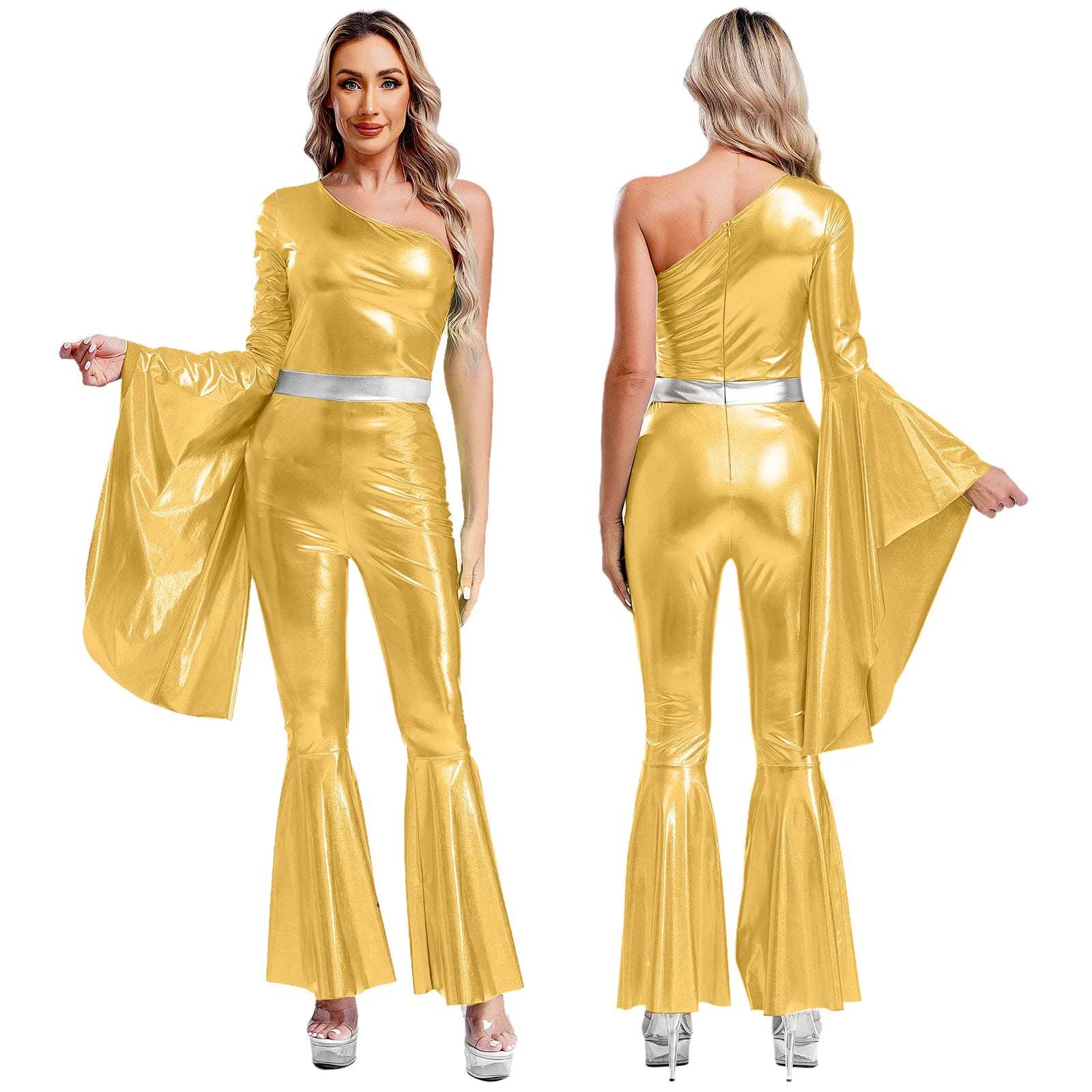 Women's 70s Disco Jumpsuit | Metallic Shiny Bell Bottom Jumpsuit | Halloween Costume, Rave Outfit