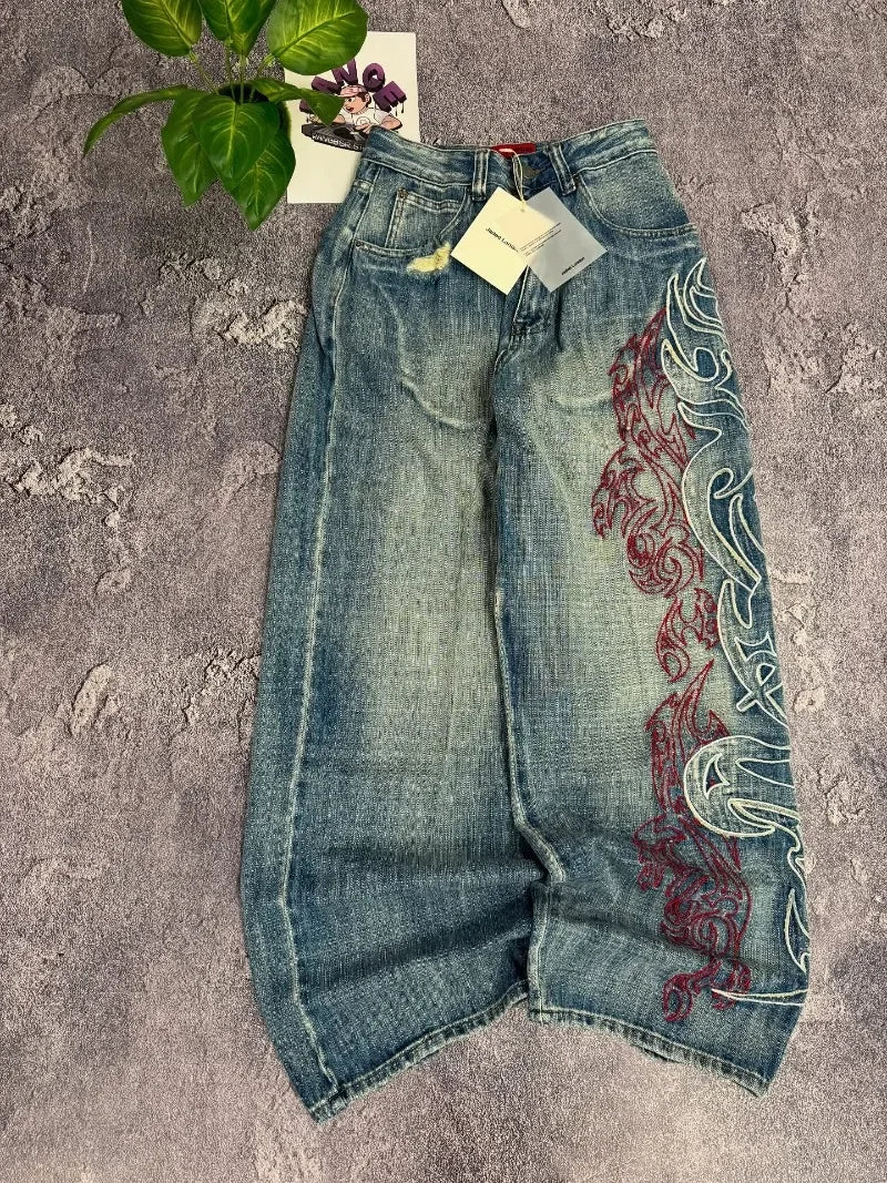 Y2K American New Pattern Embroidery Baggy Jeans Men High Street Vintage Hip Hop Fashion Casual Joker Couple Wide-leg Pants 5