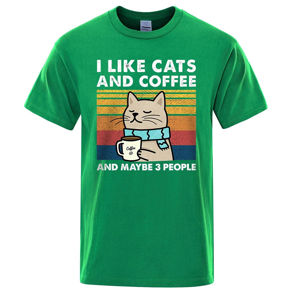 "I Like Cats and Coffee" Funny T-Shirt for Men | Casual Loose Fit Cotton Crewneck | Hip Hop Style