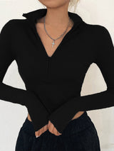 solid color casual T-shirt women long sleeves turtleneck crop tops sexy simple style party club 2024 spring summer new 8