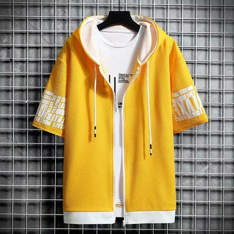 Fashion Men's Hoodies Summer Men Clothing T-shirt Zipper Hood Cartoon Casual T Shirt Print Hooded Top Short Sleeve Men 2