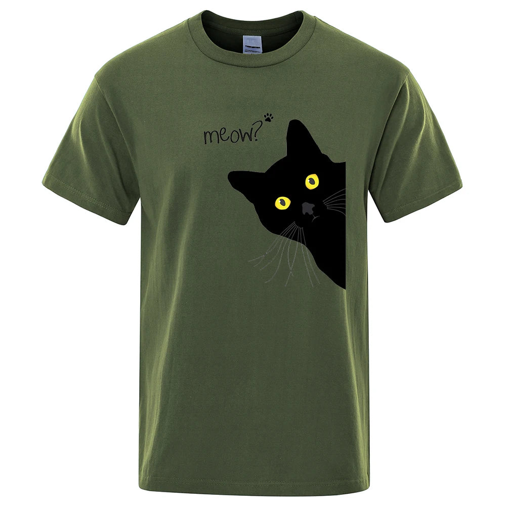 Black Cat Print T-Shirt - Funny Meow Design, Men's Loose Fit Summer Top