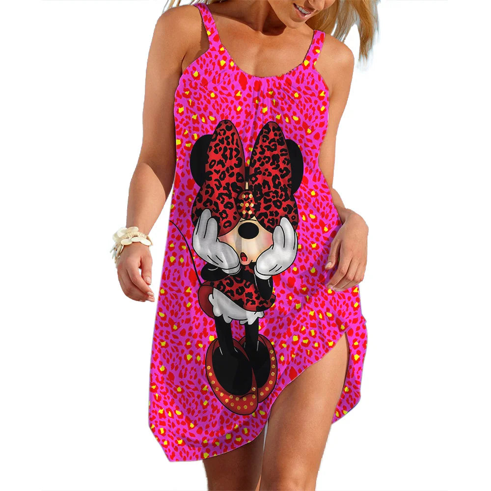 Disney-Mickey Minnie Dresses for Women Soft Women's Beach Dresses Summer Fashion Sling Print Sexy Skinny Seaside Casual Oversize