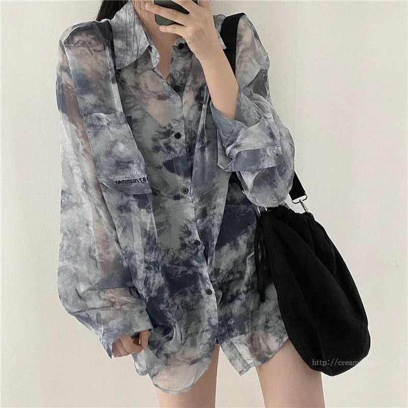 Shirts Women Fashion Tie Dye Harajuku Gothic Top New Korean Loose Casual Clothes Sun-proof Embroidery All-match Summer Holiday 2