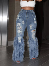 Women's Vintage Feather Tassel Jeans | High Waist Skinny Fit | Distressed Denim, Hollow Out Details | Y2K Streetwear 3