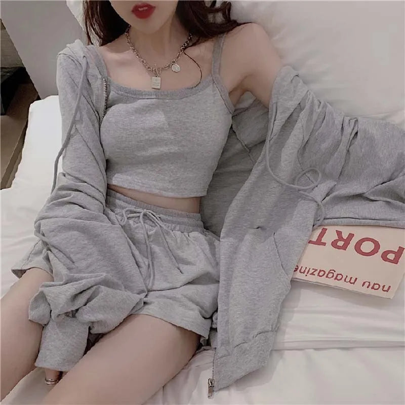 NHKDSASA Loungewear Women 3 Pieces Summer Sleepwear Ensembles De Pyjama Nightgown Suits with Shorts Home Wear 2022 8