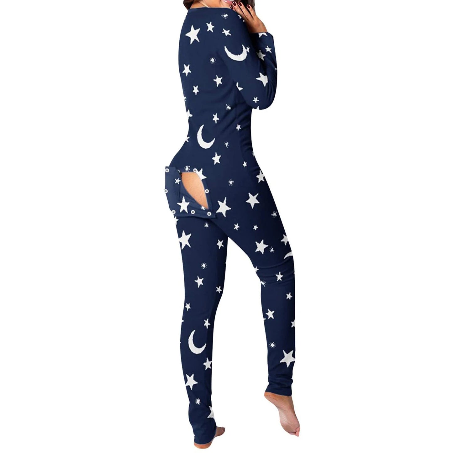 Women-Buttoned-Flap-Jumpsuits-Sleepwear-Cow-Printed-Long-Sleeve-V-Neck-Bodycon-Romper-Spring-Fall-Loungewear