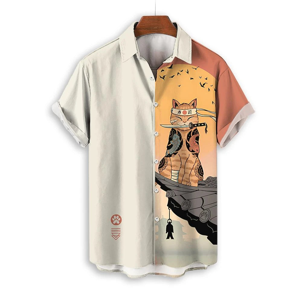 Fashion-Men-s-Clothing-Cool-Samurai-Cat-Tops-Summer-New-Men-s-Clothing-Casual-Short-Sleeved