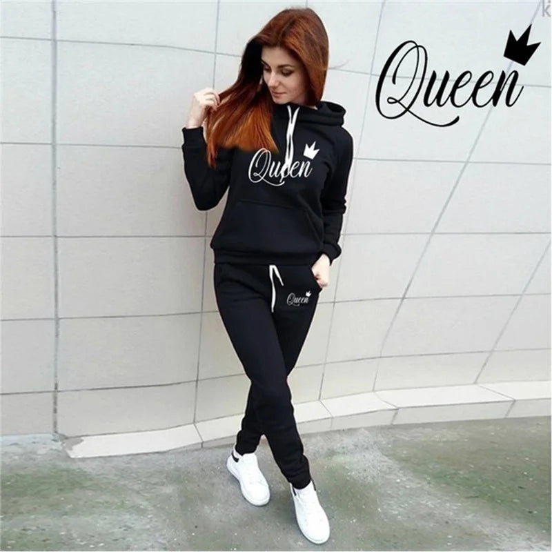 Hot women's 2-piece QUEEN print sports suit sportswear clothes hoodie+sweatpants 3