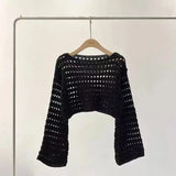 Fishnet Crochet Top Long Sleeve Crop Pullover Women Summer Cover Up Open-knit Blouse Y2K Grunge Outfit 4