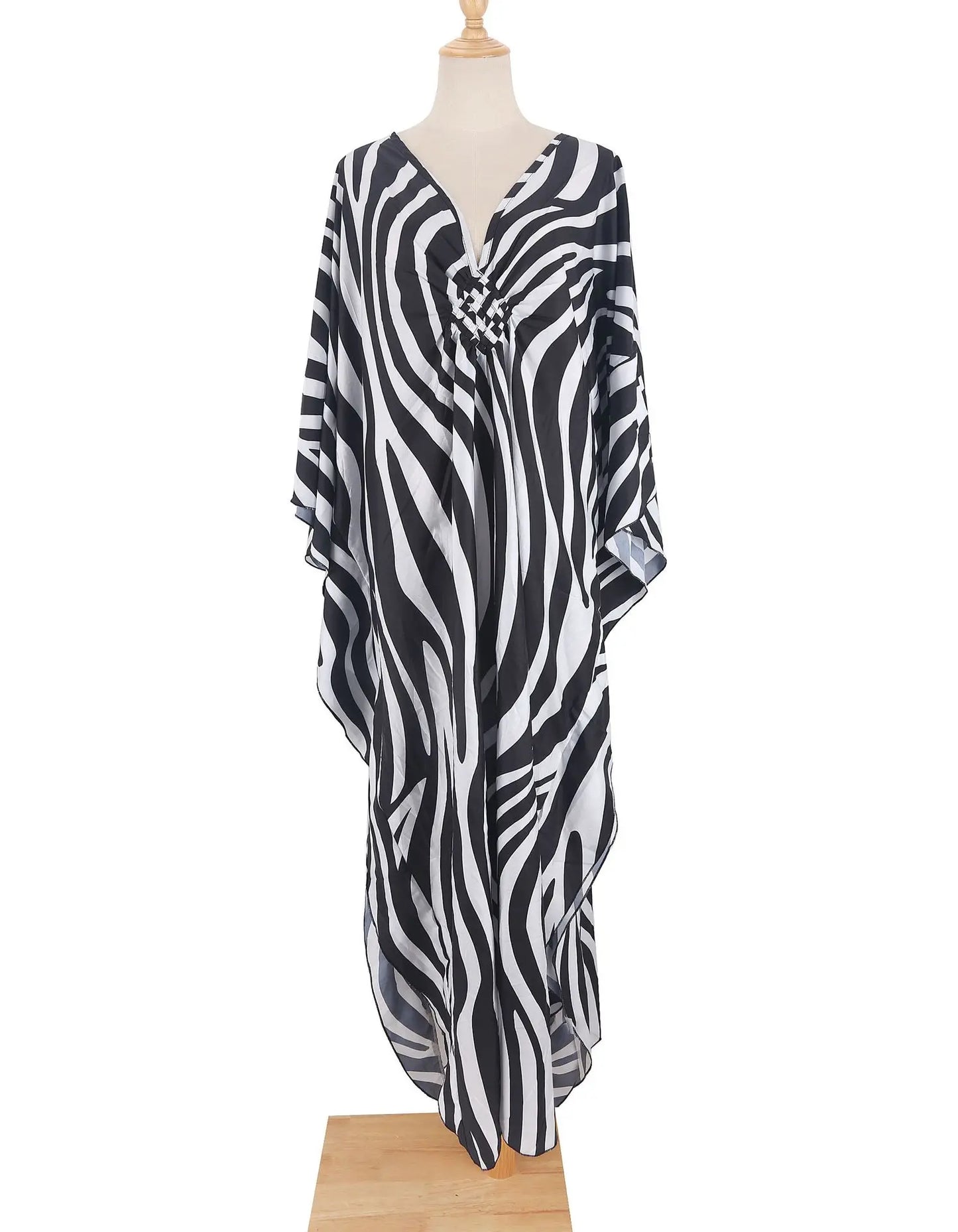 Loose Floral Pleated Kaftan Dresses for Women Wave Neck Swimsuit Cover Up Caftan 4