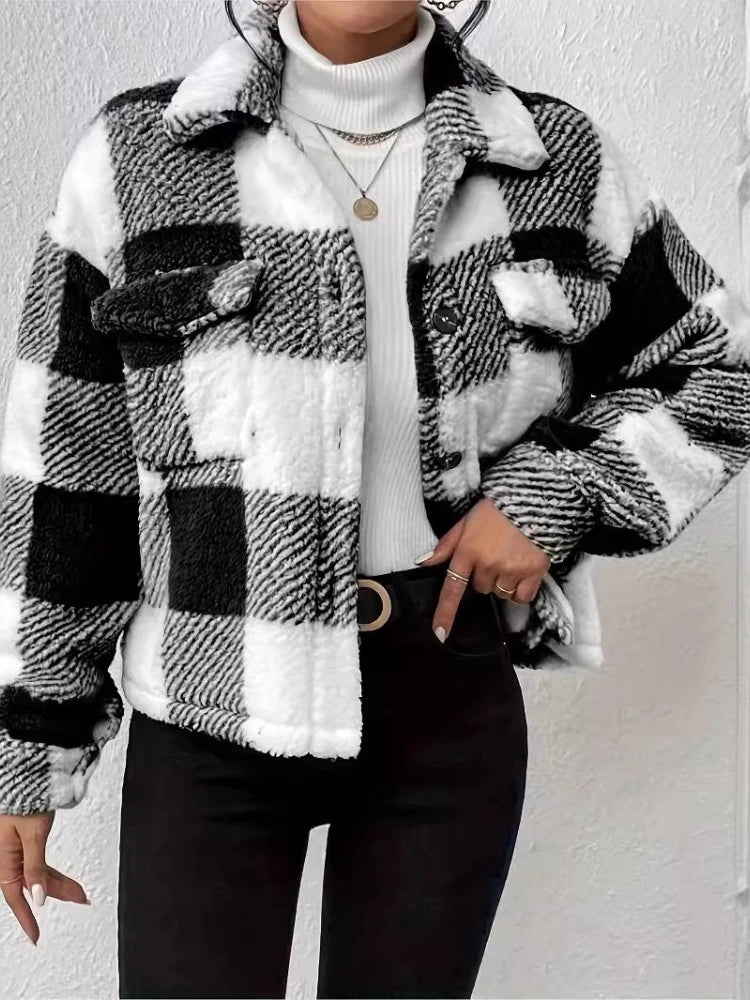 Autumn/winter Elegant Winter Coat Female Women's Urban New in Coat Plaid Pattern Lapel Button Fleece Women's Winter Coats