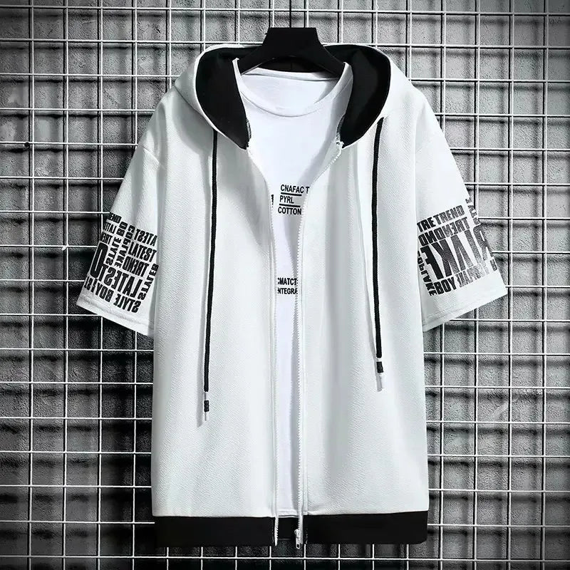 Fashion Men's Hoodies Summer Men Clothing T-shirt Zipper Hood Cartoon Casual T Shirt Print Hooded Top Short Sleeve Men 6
