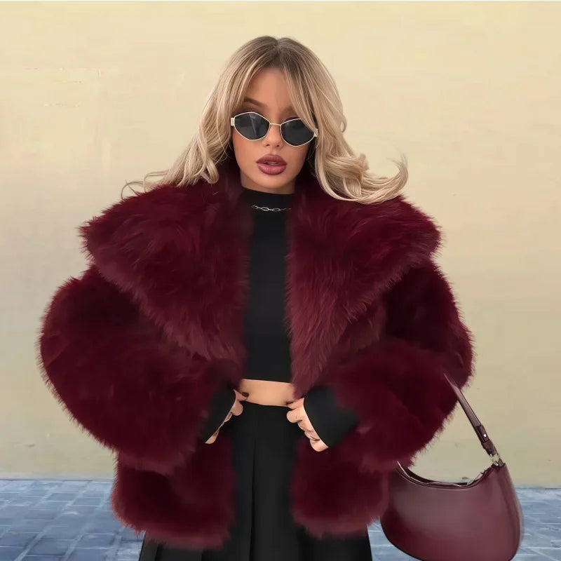 2025 Winter New Fashion Solid Color Fluffy Fur Coat Women High Street Luxury Big Fur Collar Faux Fox Fur Jacket Female Overcoats 5