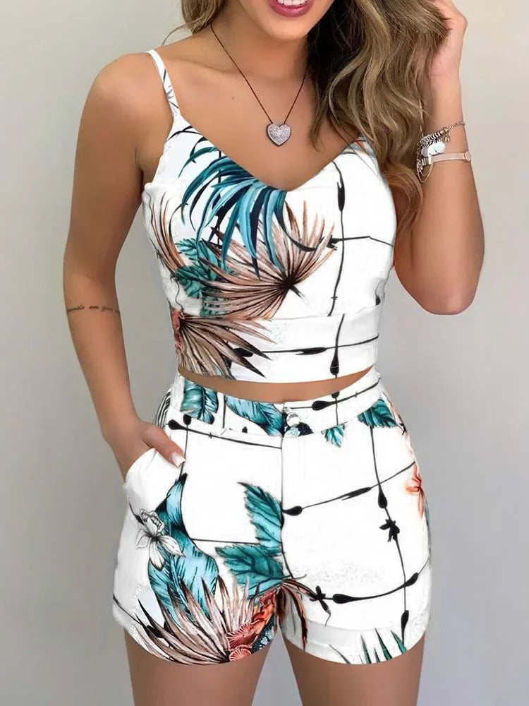Women's Casual Summer Print Spaghetti Strap Crop Top & Short Set - 2 Piece Outfit