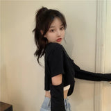 Long Sleeve T-shirts Women Patchwork Loose Crop Tops Hot Girls Casual Simple All-match Spring Ladies Chic Tees Camis Sets 2pecs 3