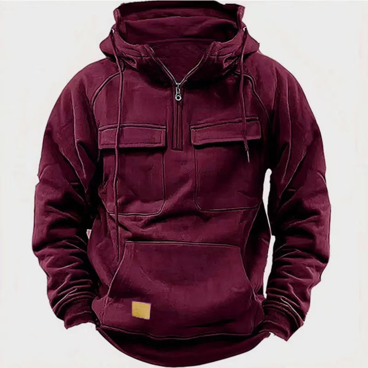 New autumn-winter men's hooded solid-color casual hoodie - fashionable young man's multi-pocket patch hoodie pullover shirt 3