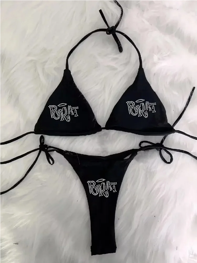 2000s Punk Grunge Rhinestone Bikini - Y2K Lace-Up Swimsuit - Gothic Beachwear