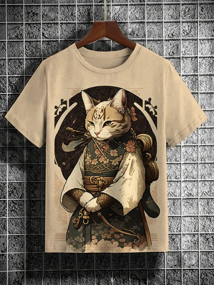 3D Printed Samurai Cat T-Shirt | Japanese Inspired Men's Tee