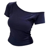 100% Ribbed Cotton Summer Off shoulder Top Women Slim fit Body Summer  Short sleeve T shirt  Female Sexy Basic Tees Korean Chic