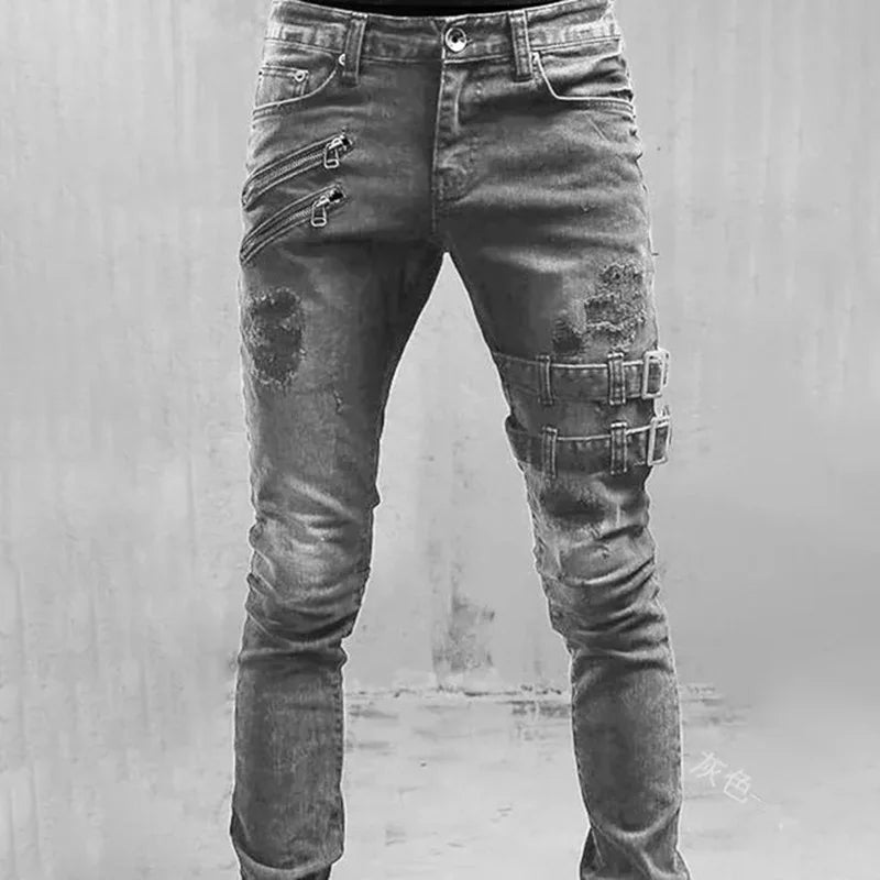 New Jeans Men's Fashion Belt Buckle Hole Streetwear Jeans | Moto Biker Skinny Denim Pants 6