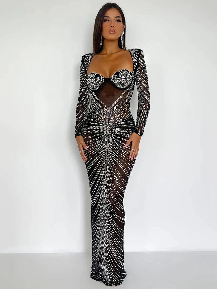 Women's Glitter Mesh See Through Maxi Dress - Sexy Bodycon Party Club Evening Dress 4