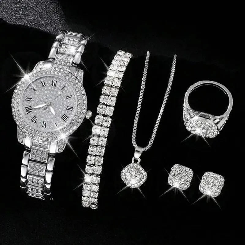 Full Diamond Roman Literal Steel Strip Watch with Starry Charm Business Quartz Watch Set