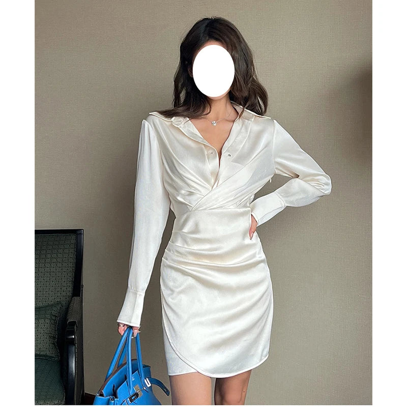 Elegant Satin Mini Dress Bubbling Champagne Black Satin Long-sleeved V-neck Shirt Collar Waist Fold Temperament Buttock Dress 6