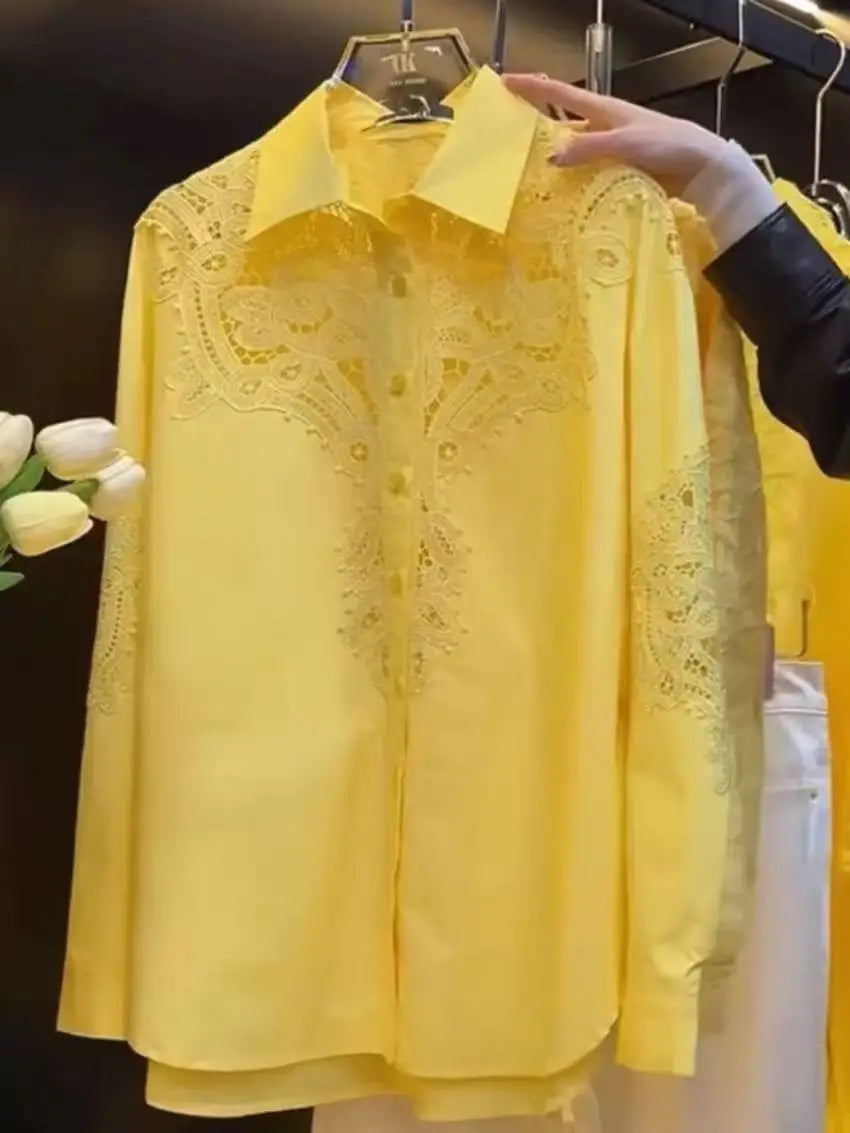 Luxury Brand Sparkle Sequins Hollow Out Lace Embroidery Cotton Blouses Shirts for Women 2025 Trend Long Sleeve Loose Casual Top