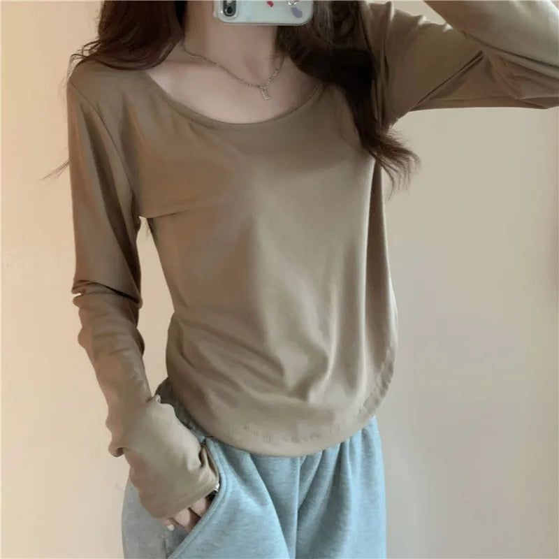 Women Long Sleeve Square Neck T-Shirt Spring And Autumn New Irregular Hem Slim Casual Top Girl Bottom Shirts 6
