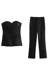 HH Women Elegant Solid Pant Suit Front Button Strapless Sexy Tank Tops + Side Slit Trouser Female Fashion Streetwear Sets 4