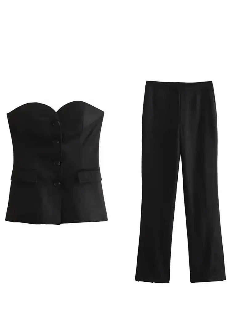 HH Women Elegant Solid Pant Suit Front Button Strapless Sexy Tank Tops + Side Slit Trouser Female Fashion Streetwear Sets 4