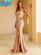 Elegant Blue Sequin Wedding Party Dress | Women's Spaghetti Strap V-Neck Gown