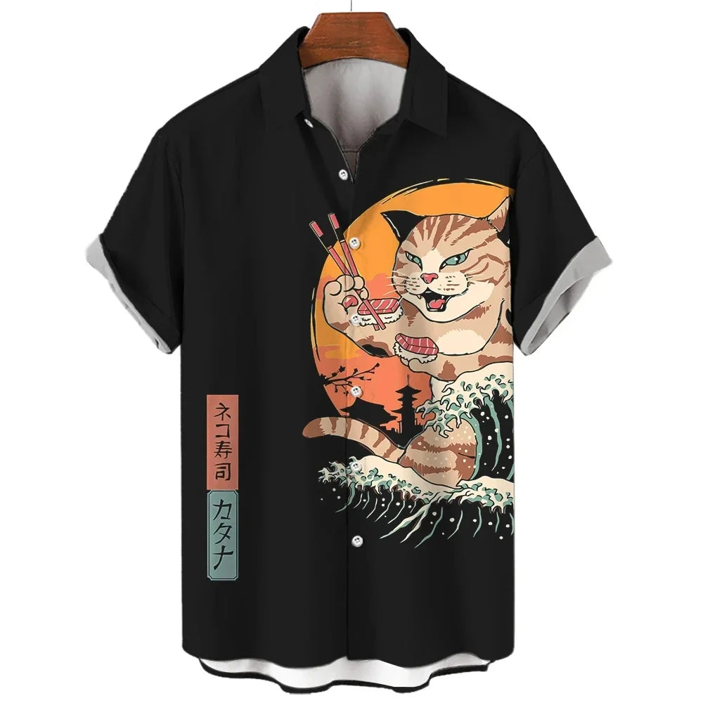 Cool Samurai Cat Tops Summer New Men's Clothing Casual Short-Sleeved Anime Loose Blouse Hawaiian Shirts 6