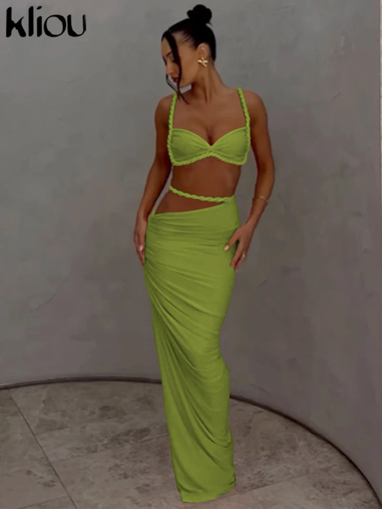 Chic Pleated Two-Piece Vacation Set: Crop Camisole & Maxi Skirt