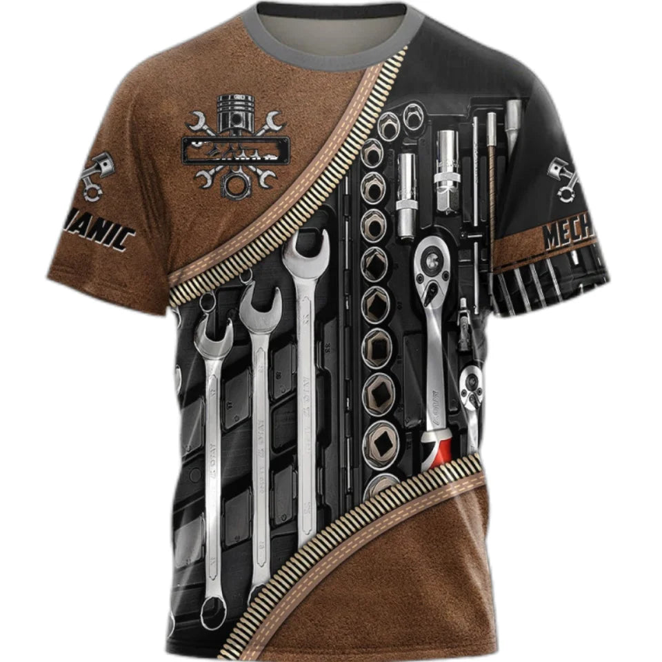 Men's Vintage Mechanic T-Shirt | Personalized Name 3D Print | Casual Summer Top | Oversized Pullover | 5XL 3